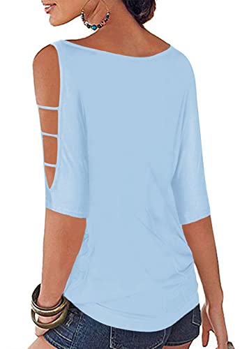 Womens Summer Tops 2023 Sexy Casual Cold Shoulder 3/4 Sleeve T Shirts Scoop Neck Batwing Dolman Blouses Baby Light Blue L #TOP1