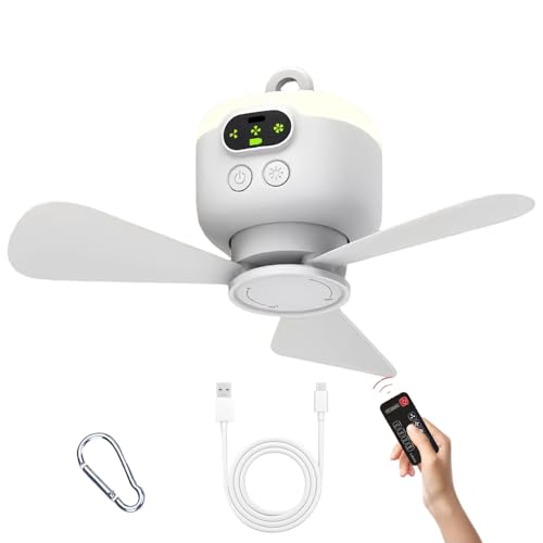 Ventilador de techo portátil, ventilador de dosel colgable de 8000 mAh con velocidades remotas y 3, elementos esenciales de verano remotos recargables y desmontables para exteriores e al aire libre