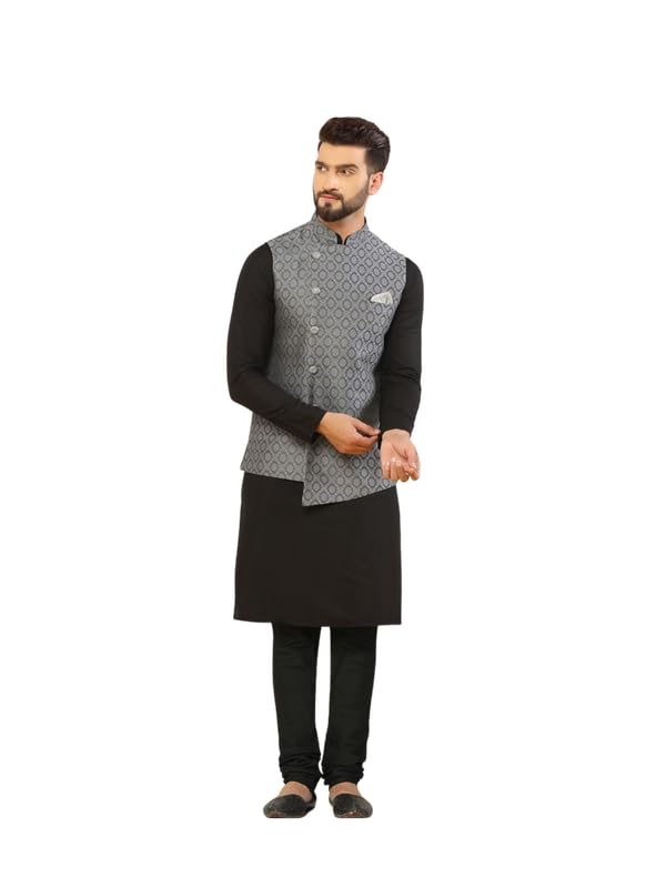 Kurta homme gris jacquard avec veste et pantalon Churidar taille 50