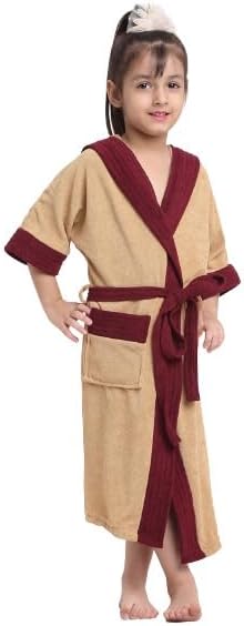 CREEVA Premium Melodious Unisex Hooded Children's Bathrobe - Cozy and Absorbent Robe with Adjustable Belt and Pocket for Kids (Camel & Wine)