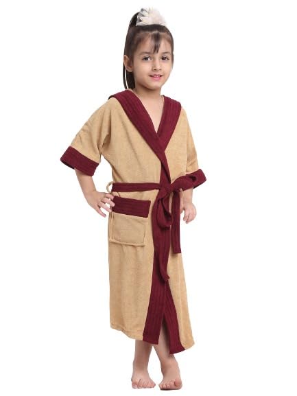 CREEVA Premium Melodious Unisex Hooded Children's Bathrobe - Cozy and Absorbent Robe with Adjustable Belt and Pocket for Kids (Camel & Wine)