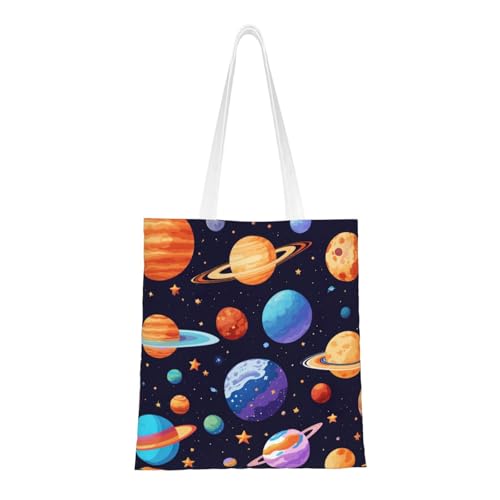 Planet Pattern Print Reusable Canvas Tote, Shopping Bag With Handles For Daily And Grocery Use
