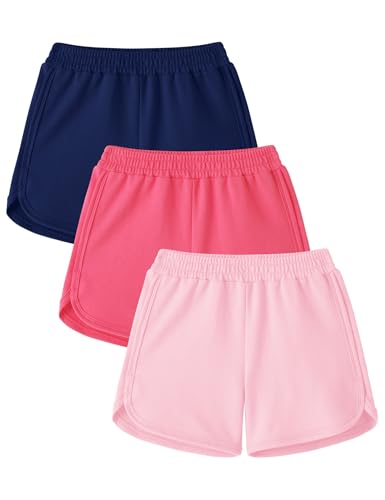 ZUEMET 3 Pack Toddler Girl Shorts Baby Girls Athletic Short Soft Cotton Summer Clothes Size 3T Navy Blue+Watermelon Red+ Light Pink