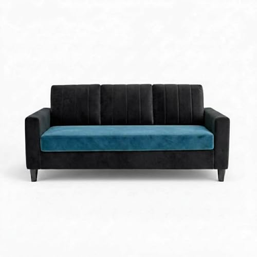 Image of Hendrick Plush Velvet 3 Seater + 1 Seater + 1 Seater Sofa Set | Silken Velvet Upholstery | Golden Legs | Designer Set for Living Room & Office Spaces (Black & Aqua Blue)