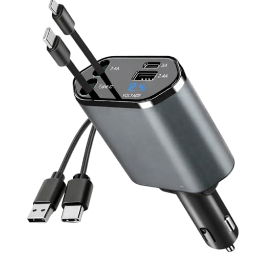 Image of 120W Retractable Car Charger 4-in-1 Fast Charging Adapter with Built-in Cable & Dual USB Ports, Universal Car Phone Charger for i Phone 17 /16 /15 Pro Max & Galaxy S23 /S24 /S25 (Charger 4 in1)