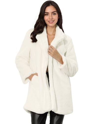 Allegra K Women's Faux Fur Coat Lapel Warm Overcoat Winter Open Front Casual Long Fluffy Jackets Large White