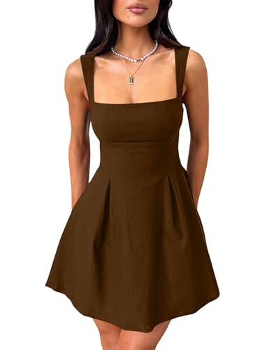 Image of YMDUCH Women's Sexy Sleeveless Square Neck Adjustable Straps Bow Tie A-line Mini Party Club Dress