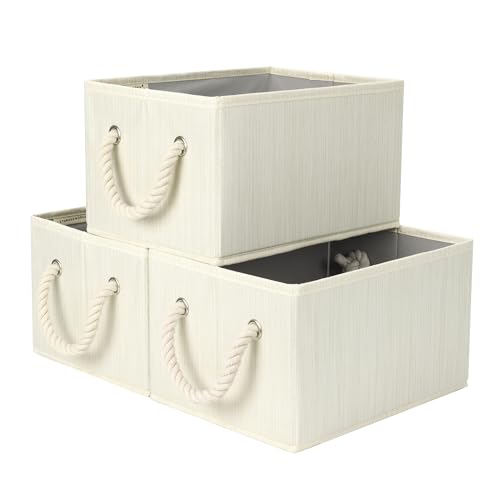 StorageWorks Fabric Storage Bins for Shelves, Storage Baskets for Closet Organization, Organizer Bins for Clothes Storage, Beige, White & Ivory, 3-Pack, Small