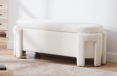 Modern Sherpa Storage Ottoman Bench for Bedroom 47.25 in Comfy Boucle Upholstered Entryway Bench with Storage for End of Bed/Living Room/Lounge/Window Corner, White