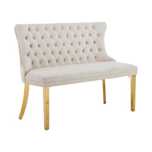 Shenyon Velvet Upholstered Dining Bench with Back, Tufted Loveseat Bench with Gold Stainless Steel Legs and Nailhead Trim, Banquette Seating for Dining Room, Kitchen, Entryway (Beige, Dining Bench)