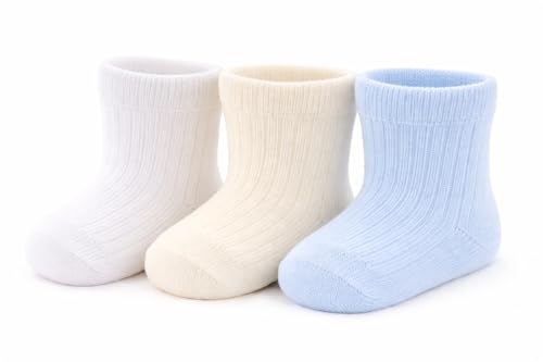 SOHOBABY Soft Cute Breathable Cotton Rich Pack Of THREE Baby Boy Plain Coloured Socks (UK Age 0 Months 3 Months BLUE/WHITE/CREAM)