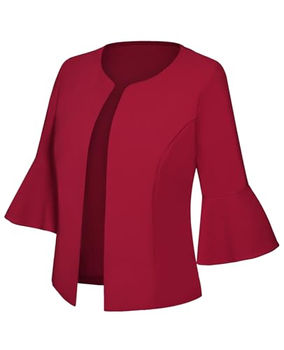 Womens Casual Blazers Cropped Work Office Trumpet 3/4 Sleeve Suit Jacket Casual Elegant Blazers(Red XL)2