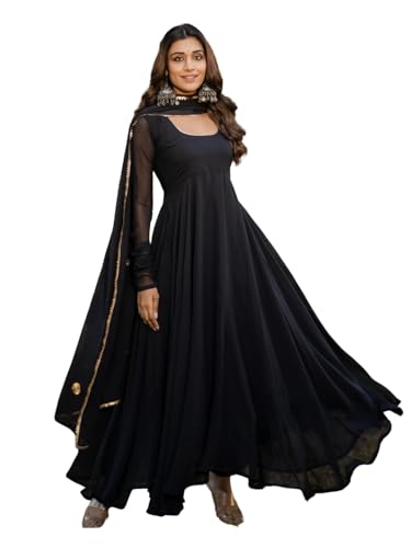 Image of ESTELA Women's Solid Pattern Faux Georgette Anarkali Kurta Pant Dupatta Set with Long Sleeve Square Neck Calf Length and Pull On Closure Type | Anarkali Suit For Womens | Flair Suit For Women