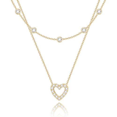 Poxtex 14K Gold Plated/Sterling Silver Layered Heart Necklace for Women Trendy, Dainty Small Heart Pendant Jewelry, Simple Station Choker Chain for Teen Girls, Anniversary Ideal Gift