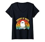 Photo Gallery donna retro halloween creep it real vintage fantasma halloween maglietta con collo a v Photo Gallery donna retro halloween creep it real vintage fantasma halloween maglietta con collo a v