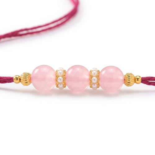 Image of Pink Beaded Rakhi for Brother with Greeting Card, Roli Chawal | Premium Pearl Stone Designer Rakhi | Raksha Bandhan Gift for Brother