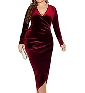 QDC Damen Samtkleid Langarm Winterkleid V Ausschnitt Partykleid Elegant Abendkleid Weihnachtsklei...