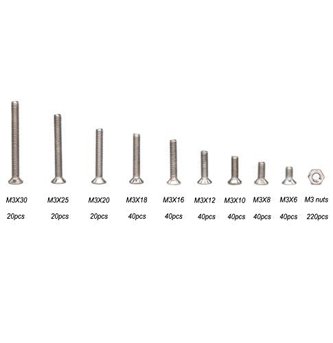 500pcs M3 Phillips Countersunk Flat Head Machine Screws Hex Nuts Assortment Kit 304 Stainless Steel, M3 x 6mm / 8mm / 10mm / 12mm / 16mm / 18mm / 20mm / 25mm / 30mm
