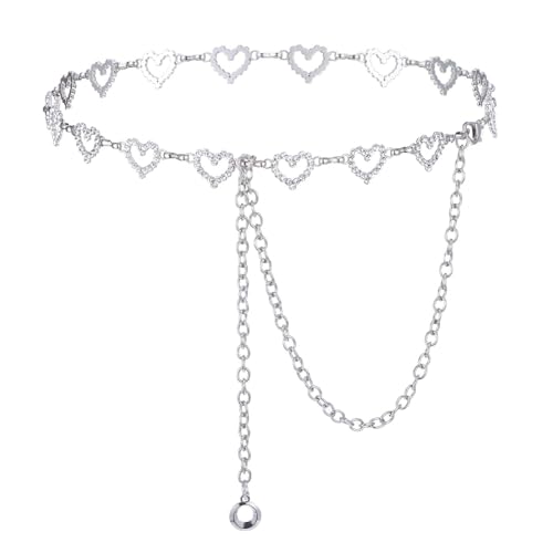 JIEYAO Waist Chains Belts for Women, Heart Rhinestone Silver Chain Belt Adjustable Metal Link Body Chain for Jeans Dress
