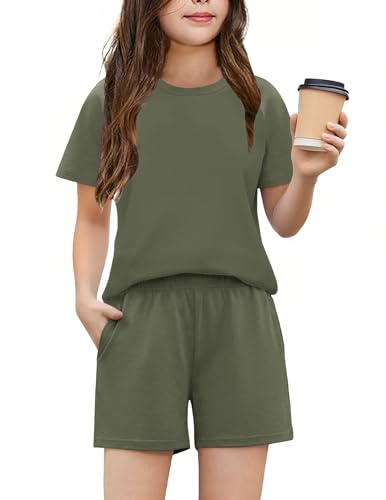 Arshiner Girl's 2 Piece Outfits Summer Fashion Short Sleeve Tops and Shorts with Pockets Kids Clothing Set Army Green 7-8Y