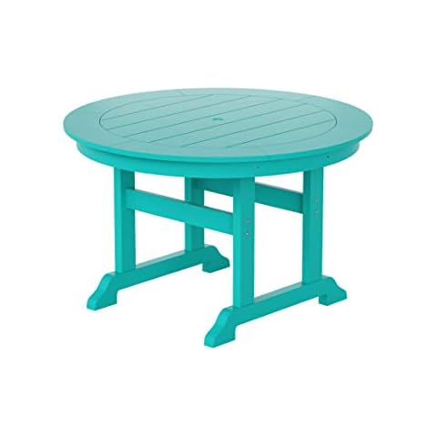 WestinTrends Malibu Patio Dining Table, All Weather Poly Lumber Adirondack 47" Trestle Round Outdoor Table with Umbrella Hole, Turquoise Cover