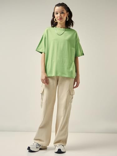Image of Bewakoof Women's Solid Oversized Fit Half Sleeve Round Neck Cotton Jersey T-Shirt