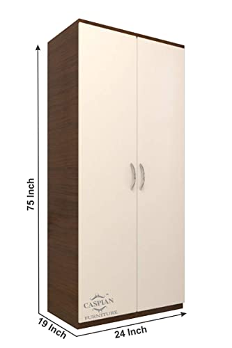 Image of CASPIAN Furniture White and Brown 2 Door Wardrobe for Bedroom with Drawer, 3 Shelves and Hanging Space for Clothes | Cupboard for Home | Clothes Organizer | Size 75 x 24 x 19 inches