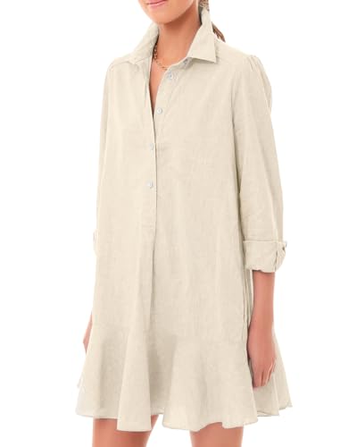 Image of YEXPINE Women's Tunic Mini Shirt Dress Cotton Linen Long Sleeve Button Up Ruffle Hem Loose Casual Summer Pockets Shift Dress