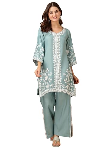 Image of EthnicJunction Women's Cotton Blend Chikankari Embroidered A-Line Kurta Palazzo Set Ethnic Wear Office Wear Daily Wear Festive Kurta Set for Women