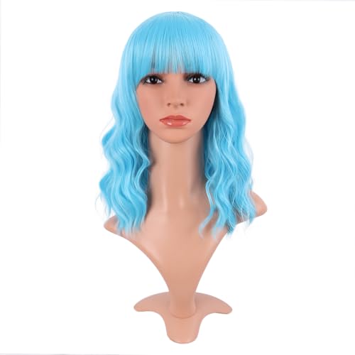 Image of MapofBeauty 14 Inch /35 cm Short Wavy Curly Women Fresh Bright Synthetic Ordinary Flat Bangs Bob Wig (Sky Blue)