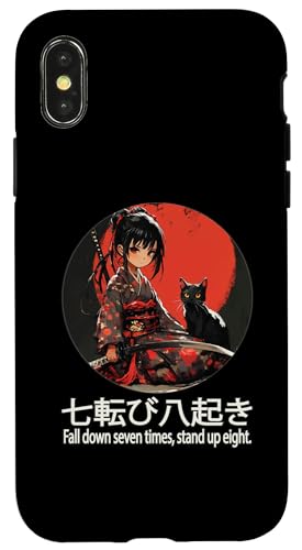 Japonés Samurai Chica con Espada y Kawaii Anime Gato Negro Carcasa para iPhone X/XS