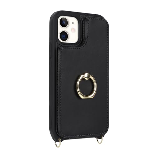 Image of for iPhone 12 Mini Case with Card Holder and Strap for Women,Crossbody Lanyard,Kickstand Ring Stand,Snap Clasp,RFID Blocking,Phone Wallet Cases 5.4 inch(Black)