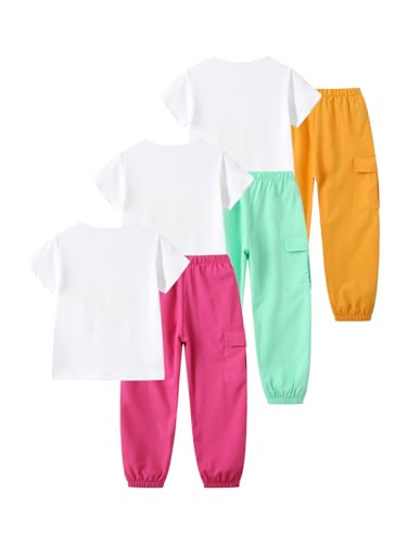 Image of Girls 6 Piece Outfits Casual Cargo Jogger Pants and Basic Love Graphic Print Short Sleeve Top Set 4-12 Years