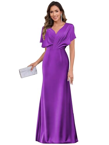 Women's Satin Mother of The Bride Dresses for Wedding V Neck Flutter Sleeve Formal Dresses