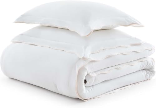 Image of Martha Stewart - King Comforter Set, Crisp & Smooth Bedding with a Cotton Percale Lightweight Feel, Reversible 3 Piece Bed Set with Matching Pillowcases (Simple Scallop Pink)