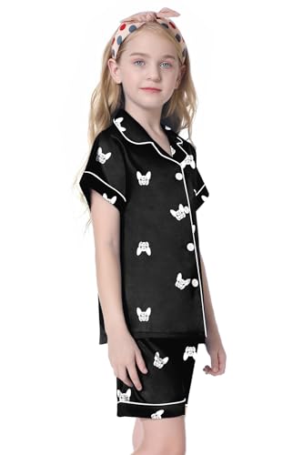 Image of Umeyda Women & Girls Pajamas Set, Soft Satin Lightweight Silk Button-Down Top with Shorts 2 Piece PJS for Mom Boys Kids Gifts