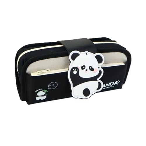 Image of DEOXY New Three Layer Canvas Cute Aesthetic Pencil Case for Girls Large Capacity Pen Pencil Pouch Compass Box for School Multifunctional Stationery Organizer (Panda 1)