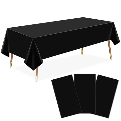 Image of LANLISA 3 Pack Plastic Table Cloth Disposable, Black Table Cloth for Rectangle Table, 54 x 108 Inch Disposable Tablecloth for Party, Plastic Table Cover