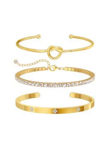 Gold Bracelets for Women, 3 Pcs 14K Gold Plated Stackable Bracelet Set, Dainty Love Knot Bangle, CZ Tennis Bracelet, Open Cuff Bracelet for Women, Adjustable Jewelry Gift for Daily Wear