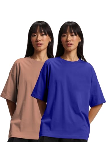 Image of JUNEBERRY Pure Cotton Drop Shoulder Oversized Baggy Fit Half Sleeve Plain Solid Round Neck Multicolor T-Shirt for Women & Girls (Pack of 2) (Sizes S-2XL)