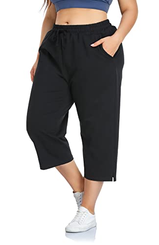 ZERDOCEAN Women's Plus Size Active Yoga Sweatpants Cotton Jersey Capris Athletic Crop Pants with Pockets Drawstring2