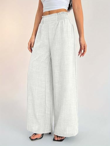 Image of Sugathari Women's Casual Wide Leg Pants - High Waist Elastic Waistband Loose Fit Long Trousers | Lightweight Straight Leg Summer PantsTrouser 254