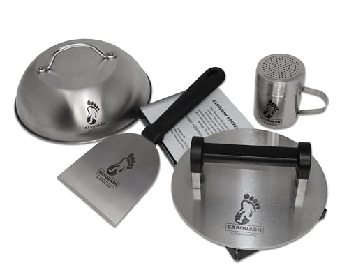 The Sasquash - Bigfoot Burger Smasher - Professional Grade Burger Press - Monster 8" Wide 3+ Pound Welded Stainless Steel Smashed Burger Grill Tool, Blackstone Griddle Steak Weight and Flat Top Press