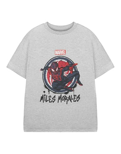 Image of Spider-Man Miles Morales Boys Grey T-Shirt | Marvel Graphic Short-Sleeved Tee for Kids | Miles Jumping Spiderman Graphic Design | Officially Licensed Superhero Merchandise Apparel