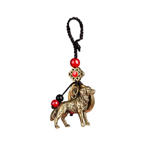 JDRGJTH Chinese Zodiac Dog Keychain, Brass Dog Statue with 5 Feng Shui Coins Chinese Good Luck Charm, Zodiac Animal Charm Lucky Dog Key Ring, Feng Shui Keyring for Protection