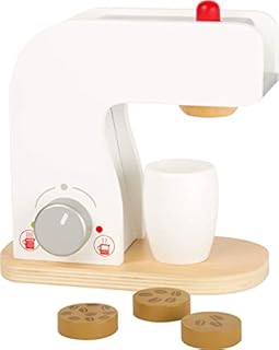 Small Foot 10593 Machine with Rotating and Push Buttons as Well Cup and Wooden Plates with Coffee Beans Print as Contents, Ideal Accessories for The Children's Kitchen