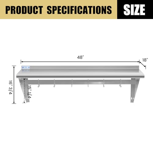 Image of Hally Stainless Steel Shelf with 6 Hooks 18 inch x 48 inch Wall Mounted Pot Rack 400lb, NSF Commercial Floating Shelving for Storage Hanging Pots, Pans, cookware in Restaurant, Kitchen, Home and Hotel
