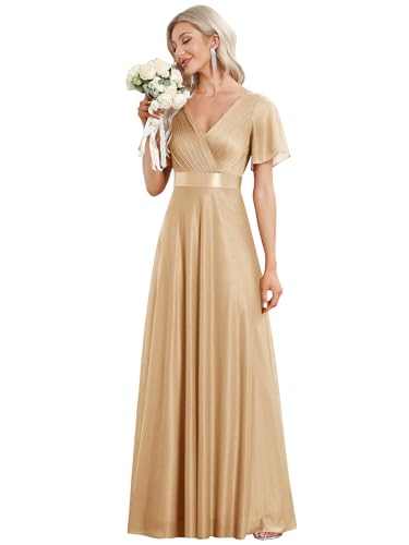 Ever-Pretty Robe Longue de Soiree Tulle Plissé Femme Manches Courtes Col V A Line Taille Empire Brillante Élégante Or 38