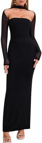 HTZMO Women Long Sleeve Bodycon Maxi Dress Halter Neck Ruched Ele...