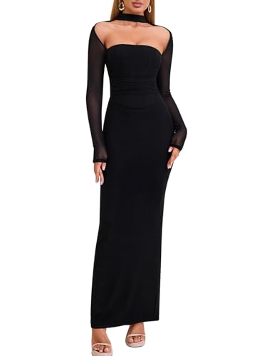 HTZMO Women Long Sleeve Bodycon Maxi Dress Halter Neck Ruched Elegant Wedding Guest Formal Long Dresses Black S